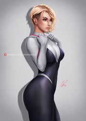 blonde_hair blue_eyes costume eyebrow_piercing female female_only geravass gwen_stacy gwen_stacy_(spider-verse) marvel medium_breasts shaved_side short_hair solo solo_female solo_focus spider-gwen spider-man:_into_the_spider-verse spider-man_(series) superheroine