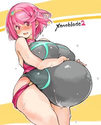 1girls arm_under_breasts blush breasts color curvy female huge_belly huge_breasts leotard navel nintendo nipple_bulge open_mouth pink_eyes pink_hair pregnant pyra ready_to_pop sachito smile standing sweat thighs wet wide_hips xenoblade_(series) xenoblade_chronicles_2