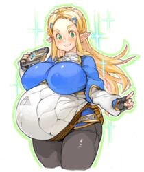 1girls big_breasts breasts breath_of_the_wild cleavage demigoddess female female_only huge_belly large_breasts looking_at_viewer nintendo nipple_bulge pregnant princess_zelda ready_to_pop sachito sheikah_slate solo teenage_pregnancy teenager the_legend_of_zelda zelda_(breath_of_the_wild)