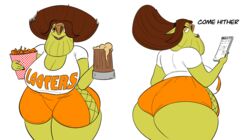 alcohol bagdwella bbw big_breasts breasts brown_eyes brown_hair chubby chubby_female clothing dialogue english_text female food green_skin john_coffe large_ass large_breasts looking_back purple_lipstick shorts tagme tales_of_arcadia transparent_background troll trollhunters waitress_uniform