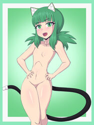 alternate_version_available android android-tan android_(os) bosomancer console-tan console_girls female female_only flat_chested green_eyes green_hair hands_on_hips naked open_mouth simple_background small_breasts smile smiling smiling_at_viewer solo tail white_skin young younger_female