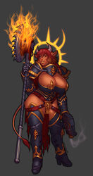 adepta_sororitas armor bolter chain_axe cleavage corruption_of_champions cow_ears cow_horns cow_tail excellia_(corruption_of_champions) female_minotaur fire halo horns huge_breasts imperium_of_man minotaur monster_girl pirate_cashoo red_hair sister_of_battle warhammer_(franchise) warhammer_40k weapon