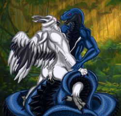 absurd_res anal anal_sex anthro anthro_on_anthro anthro_penetrated anthro_penetrating anthro_penetrating_anthro apode avian beak bird bodily_fluids bubo_(genus) cum cum_in_ass cum_inside cum_while_penetrated cumshot detailed detailed_background draconcopode duo ejaculation fangs feathers genital_fluids genitals hi_res hypnosis interspecies jingletheraven jungle knot male male/male male_penetrated male_penetrating male_penetrating_male mind_control naga owl penetration penis reptile scales scalie serpentine snake snowy_owl true_owl