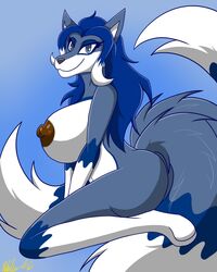 4:5 anthro ass blue_body blue_eyes blue_fur blue_hair breasts canid canine female fluffy fluffy_tail fox fur greendayfox hair hi_res mammal multi_tail multicolored_body multicolored_fur multicolored_hair nipples simple_background smile solo two_tone_body two_tone_fur two_tone_hair white_body white_fur white_hair