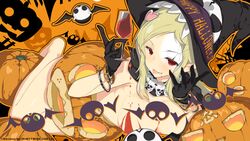 bats black_gloves blonde_hair breasts cleavage cup fangs female gloves halloween hat large_breasts legs long_hair looking_at_viewer nude pumpkin red_eyes senran_kagura sharp_teeth shiki_(senran_kagura) solo vampire wine_glass witch_hat yaegashi_nan