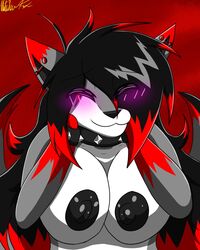 4:5 anthro black_hair blush breasts canid canine closed_eyes female fox fur greendayfox grey_body grey_fur hair hi_res mammal multicolored_body multicolored_fur nipples red_hair simple_background smile solo spikes two_tone_body two_tone_fur white_body white_fur