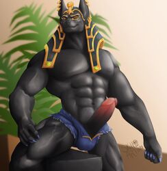 abs anthro anubian_jackal anubis balls biceps big_muscles big_penis black_sclera bottomwear bulge canid canine canis clothed clothing cutoffs deity denim denim_clothing ear_piercing ear_ring egyptian egyptian_mythology erection genitals headdress hi_res humanoid_genitalia humanoid_penis jackal male male_only mammal middle_eastern_mythology mostly_nude muscular muscular_anthro muscular_male mythology nipples pecs penis piercing shorts skullart solo topless vein