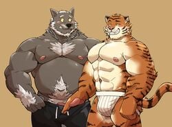 2020 2boys absurd_res anthro anthro_on_anthro barazoku beard belly biceps blush body_hair boomer_(nanoff) bottomwear bulge chains chest_hair clothing duo facial_hair felid gay genitals hi_res jockstrap jumperbear kemono male male/male male_only mammal miles_(nanoff) moobs moustache muscular muscular_male nipples overweight overweight_male pantherine pants pecs penis pubes tiger underwear white_underwear yaoi