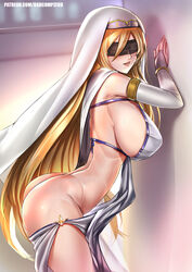 badcompzero blindfold blonde_hair blush dat_ass female goblin_slayer huge_ass huge_breasts indoor long_hair looking_at_viewer posing sideboob skimpy_clothes sword_maiden_(goblin_slayer) thong