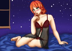 1girls babydoll blush boudoir female female_only green_eyes human negligee panties penny_(stardew_valley) red_hair solo stardew_valley sundrie76