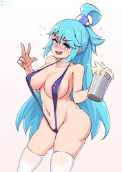 1girls aqua_(konosuba) bebatch blue_eyes blue_hair blush breasts drunk eye_contact female kono_subarashii_sekai_ni_shukufuku_wo! large_breasts long_hair looking_at_viewer micro_bikini sling_bikini thick_thighs thigh_gap thighhighs thighs