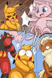 1girls 2022 3boys anthro anthro_only areola_slip areolae big_breasts blue_eyes comic comic_page cosplay_pikachu english_text exclamation_point female furry furry_only growlithe imminent_sex incineroar joaoppereiraus kanna_(joaoppereiraus) laughter male mew multicolored_fur naked nintendo nude nude_female orange_fur pikachu pikachu_libre pink_fur pokémon_(species) pokemon pokemon_(species) red_fur shortstack sound_effects surprised text thick_thighs tiger wrestling_ring yellow_eyes