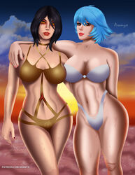 2girls aramyx ardham beach bikini black_hair blue_hair demon_hunter demon_hunter_(diablo) diablo heroes_of_the_storm huge_breasts large_breasts lenneth multiple_girls valla_(diablo) wet wide_hips