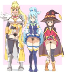 3girls aqua_(konosuba) aqua_eyes aqua_hair black_hair blonde_hair blush blushing camekirin darkness_(konosuba) eyebrows_visible_through_hair female female_focus female_only green_eyes kono_subarashii_sekai_ni_shukufuku_wo! legwear lifting_skirt long_hair looking_at_viewer megumin multiple_girls orange_eyes partially_clothed pubic_hair simple_background size_difference skirt_lift smile smiling sweat witch_hat