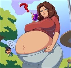 2girls big_breasts breasts cleavage erect_nipples female female_only huge_belly large_breasts maternal-reads pregnant ready_to_pop solo_focus speech_bubble text