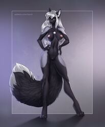 2020 4_toes 5_fingers anthro areola breasts canid canine digital_media_(artwork) eyebrows eyelashes female fingers fox genitals green_eyes hi_res mammal nipples pussy red_fox silver_fox smile solo toes trish_(invasormkiv) yasmil