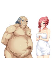 1boy 1girls 2d 2d_(artwork) alice_soft arima_shiori big_breasts blue_eyes censored cg couple couple_love duo fat_man father-in-law_and_daughter-in-law hands_behind_back hands_together heartful_maman highres huge_cock kinosaki_juuzo legs legs_together lips lipstick looking_at_viewer milf mosaic_censoring mother nude_male old_man onigirikun photoshop pleasure_face pleasured red_hair secretly_loves_it smile standing sweat tagme thick_thighs thighs towel transparent_background