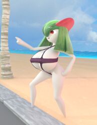 3d anthro beach green_hair kirlia large_breasts pokémon_(species) pokemon pokemon_(species) red_eyes shortstack swimsuit tradelt white_skin