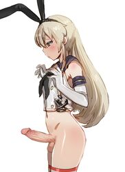 1boy bare_shoulders big_penis black_hairband blonde_hair blush bottomless bow_(bhp) elbow_gloves erection femboy from_side gloves grey_eyes hairband hung_trap kantai_collection long_hair male_focus male_only navel otoko_no_ko penis shimakaze-kun shimakaze_(kantai_collection) shirt simple_background sleeveless sleeveless_shirt solo solo_male testicles trap uncensored white_background white_gloves white_shirt