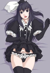 black_dress black_eyes black_gloves black_hair black_legwear black_panties blush eyebrows_visible_through_hair femboy gloves lipstick long_gloves long_hair looking_at_viewer lying male mosaic_censoring moyashimon penis solo takayama_chihiro trap yuuki_kei