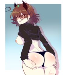 ass ass_support breasts brown_hair chipote_chillon heart heart-shaped_pupils horns large_breasts looking_at_viewer looking_back nipples red_eyes tagme