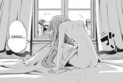 ass bedroom dat_ass elf elf_ears female goblin_slayer high_elf_archer_(goblin_slayer) indoor kannatsuki_noboru long_hair manga monochrome nude_female official_art on_bed pointy_ears sideboob small_breasts wake_up