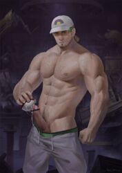 1boy abs bar_censor bara bare_chest baseball_cap beard biceps black_hair body_hair boxers cap censored chest chest_hair cum erection facial_hair green_underwear hairy hairy_arms hairy_chest hairy_male hat holding_object human human_only kukui_(pokemon) labcoat light-skinned_male light_skin male male_chest male_focus male_only manly muscle muscles muscular muscular_male navel nipples penis poke_ball pokemon pokemon_(anime) pokemon_(game) pokemon_sm pubic_hair shirtless short_hair shorts shorts_down six_pack solo solo_focus solo_male standing sunglasses thick_thighs thighs topless track_pants underwear underwear_down veins veiny_muscles veiny_penis vian white_shorts