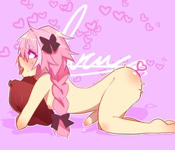 ahe_gao ass_up astolfo_(fate) braid braided_hair chipote_chillon cum fate/grand_order fate_(series) femboy from_behind gay girly hair_bow hair_ornament hearts hugging_pillow pink_hair precum tagme trap yaoi