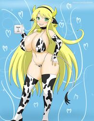 big_breasts blonde_hair cow_ears cow_girl cow_horns cow_print cow_tail cowbell green_eyes katsuragi_(senran_kagura) senran_kagura soulkibble thick_thighs thighhighs yellow_hair