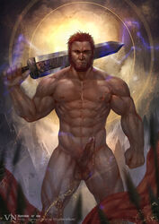 1boy abs bara bare_chest beard boner chest cloth completely_nude cum erection facial_hair fate/grand_order fate/zero fate_(series) feet_out_of_frame floating floating_object highres iskandar_(fate) lightning looking_at_viewer male_focus male_only male_pubic_hair manly muscle navel nipples nude over_shoulder penis pubic_hair red_eyes red_hair short_hair solo sword sword_over_shoulder testicles thick_thighs thighs uncensored vian weapon weapon_over_shoulder