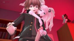 1boy 1girls animated blonde_hair brown_hair cuddling_handjob danganronpa despair exposed_penis female femdom gif handjob handjob_from_behind junko_enoshima large_penis male malesub masturbation naegi_makoto neinsfw penis pigtails public_sex straight straight_hair tagme teasing