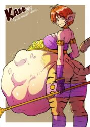 big_ass big_breasts breath_of_fire breath_of_fire_ii capcom cat_ears cat_tail clothing female huge_belly katt katt_(breath_of_fire) kemonomimi looking_at_viewer mabeelz orange_eyes orange_hair red_hair short_hair smile stripes tiger tiger_girl tiger_tail vore