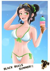 1girls beach bikini bikini_bottom bikini_top black_clover black_hair charmy_papittoson female gibb_san glasses glasses_on_head green_eyes ice_cream simple_background solo solo_female