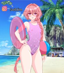 astolfo_(fate) beach braid fate/apocrypha fate_(series) femboy nipples one-piece_swimsuit pink_hair purple_eyes samiruukun see-through see-through_swimsuit see_through solo swimsuit