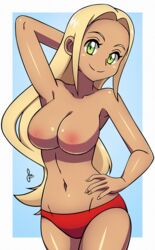 1girls areolae arm_up armpits bare_shoulders belly bikini blonde_hair blue_background breasts cleavage dark-skinned_female dark_skin dmy-gfx edit edited eyelashes female female_only green_eyes hand_on_hips human human_only long_hair looking_at_viewer midriff misusage navel nintendo npc_trainer pokemon pokemon_xy red_bikini red_swimsuit scott_bennett smile solo swimmer_(pokemon) swimmer_(pokemon_xy) swimsuit text topless topless_female watermark white_border