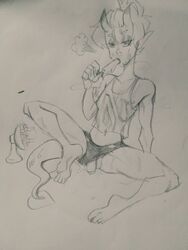 1boy 2019 alexys_(darksheep) barefoot clothing darksheep demon_boy femboy hand_drawn heat horn male male_only midriff navel oni pencil_(artwork) penis penis_out popsicle sweat tail yumisheep