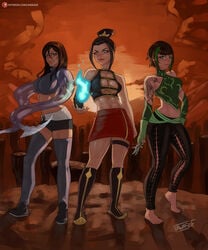 3girls abs amputee art_with_a_side_of_fries athletic athletic_female avatar_legends avatar_the_last_airbender awasof azula barefoot big_breasts boots brown_eyes brown_hair cleavage clothed clothed_female clothes clothing crown dark-skinned_female dark_skin female female_focus female_only fingerless_gloves fire fire_nation firebending fit_female green_eyes green_hair hand_on_hip hourglass_figure long_hair looking_at_viewer medium_breasts midriff ming-hua minishorts nickelodeon no_arms nonbender nubless_amputee seductive seductive_look seductive_smile short_hair shorts skirt smile sports_bra standing stockings sunset tattoo the_legend_of_korra thighhighs tight_clothing tight_fit trio two_tone_hair water water_tribe waterbending yellow_eyes