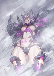 angry animal_ears animal_humanoid armor ass_visible_through_thighs atalanta_(alter)_(fate) cat_ears cat_tail catgirl fangs fate/apocrypha fate/grand_order fate_(series) glowing_eyes green_eyes looking_at_viewer melon22 midriff muscular_female muscular_thighs silver_hair thick_thighs underboob