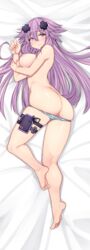 1girls absurdres adult_neptune ass barefoot blush breasts d-pad d-pad_hair_ornament dakimakura dura female full_body hair_ornament highres holster long_hair looking_at_viewer lying medium_breasts neptunia_(series) nipples on_side panties panties_down purple_eyes purple_hair sideboob skindentation smile solo striped striped_panties thigh_strap topless underwear very_long_hair