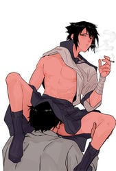 2boys abs black_hair blouse_partially_removed blowing_smoke cigarette cock_gobble cock_hungry crossdressing cum_hungry erect_nipples exposed_nipples fellatio fellatio_in_skirt femboy gay giving_head going_down_on human human_only knob_polishing legs_held_open looking_at_viewer male male/male male_on_male male_only multiple_boys naruto naruto_shippuden no_visible_genitalia oral oral_sex pecs playing_skinflute saliva_drip sasuke_uchiha school_uniform shirt_up skirt sks smoking socks spread_legs sucking_off tagme uchiha_shisui uncensored white_background yaoi