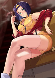 1girls blue_eyes bob_cut breasts cigarette cleavage clothed cowboy_bebop crop_top crossed_legs faye_valentine female female_only hairband human kagematsuri large_breasts legs pale-skinned_female pale_skin purple_hair short_hair short_shorts shorts sitting smoking thighhighs