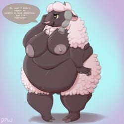 1:1 2019 absurd_res anthro areola belly big_belly big_breasts bovid breasts caprine embarrassed female front_view fur hi_res highlights_(coloring) horizontal_pupils huge_breasts mammal navel nintendo nipples nude obese obese_anthro obese_female overweight overweight_anthro overweight_female pink_body pokémon_(species) pokemon pokemon_(species) pupils sheep shy solo speech_bubble text thick_thighs video_games whooperscooper wide_hips wool_(fur) wooloo