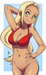 1girls arm_up armpits bare_shoulders belly bikini blonde_hair blue_background bottomless bottomless_female breasts cleavage dark-skinned_female dark_skin dmy-gfx edit edited eyelashes female female_only green_eyes hand_on_hips human human_only long_hair looking_at_viewer midriff misusage navel nintendo npc_trainer pokemon pokemon_xy red_bikini red_swimsuit scott_bennett smile solo swimmer_(pokemon) swimmer_(pokemon_xy) swimsuit text watermark white_border