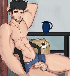 1boy abs balls bara bare_chest black_hair blue_eyes cock_worship coffee_mug exposed_penis facial_hair flaccid hand_on_own_head kriminell looking_to_the_side male male_only muscle muscles no_nipples on_chair pecs penis retracted_foreskin short_penis shorts_aside small_penis thick_penis veiny veiny_penis yaoi