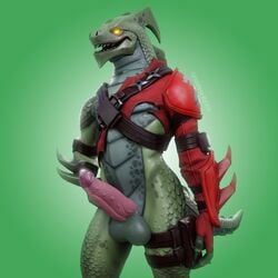 1:1 1boy 3d 5_fingers armor balls dragon epic_games fingers fortnite genitals green_body green_scales hi_res hybrid_(fortnite) male male_only penis s1nnerfox scales scalie solo solo_male tagme video_games