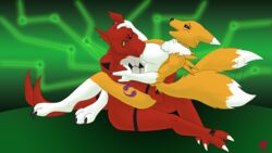 16:9 4k absurd_res anthro breast_sucking breasts digimon digimon_(species) duo female guilmon harkrun hi_res male nude renamon straight sucking tailwag widescreen