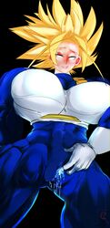 1girls abs armor big_breasts black_background blank_eyes blue_suit breasts buff clothed dragon_ball dragon_ball_z female female_trunks fingering fingering_self future_trunks futurecrossed genderswap gloves huge_breasts looking_at_viewer looking_pleasured muscular_female no_pupils pussy pussy_juice rule_63 saiyan_armor shiny shiny_breasts shiny_clothes shiny_hair shiny_skin spandex spiky_hair super_saiyan trunks_briefs vagina vaginal