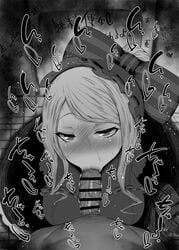 1boy :>= bangs bar_censor black_and_white blush bonnet bow breasts censored detailed_background fellatio female frills from_above greyscale hairbow indoors japanese_text kurotama looking_at_viewer medium_breasts monochrome oral overlord_(maruyama) pointless_censoring pov shalltear_bloodfallen sidelocks sketch solo_focus sound_effects squatting straight swept_bangs text tile_floor tiles toilet