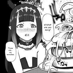 abigail_williams_(fate/grand_order) bangs blush_lines breasts collarbone cum cum_on_food dress english_text eyebrows_visible_through_hair fate/grand_order fate_(series) female flat_chest food gloves greyscale hololive hololive_english hololive_myth long_hair monochrome monster_girl ninomae_ina'nis open_mouth pancake pointy_ears rttnlich solo tentacle tentacle_hair text_bubble virtual_youtuber