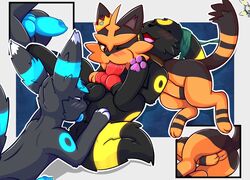 akihime_the_torracat anal anus arkoh arkoh_umbreon ass balls bisexual blue_plate_special blush bodily_fluids cum eeveelution fan_character fellatio female fur genital_fluids genitals group group_sex hi_res male nintendo oral penile penis perineum pokémon_(species) pokemon pussy rimming sex teamwork threesome torracat umbreon video_games